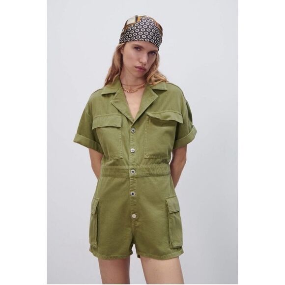 ✨ Zara Safari Utility Playsuit Romper Olive Green XS - Picture 1 of 10
